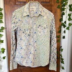 TRUE RELIGION 100% Cotton Pearl Snap Floral Western Shirt in Blue and White | S